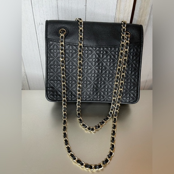 Tory Burch Bryant Medium Black Leather Womens Chain Shoulder Bag Floral Print - Picture 1 of 12